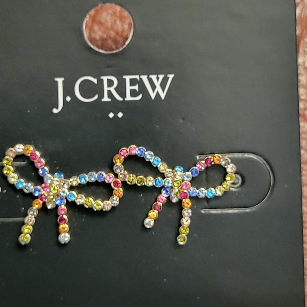 RAINBOW Rhinestone🌈 BOW EARRINGS From J. Crew! NWT! - Picture 2 of 3
